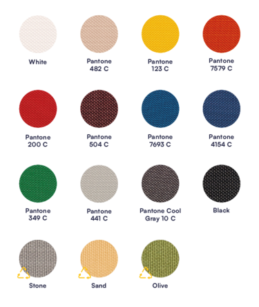 Farbpalette mit allen Stofffarben von Ecotent®: weiß, ecru, gelb, orange, rot, bordeaux, hellblau, dunkelblau, grün, hellgrau, dunkelgrau und schwarz, sowie stone, sand und olive.