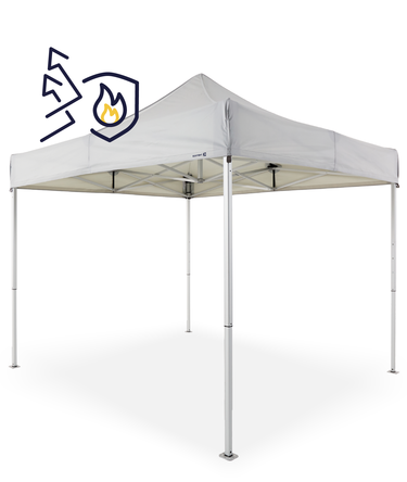 Weißer Faltpavillon 3x3 m mit Symbol für schwer entflammbaren Stoff.