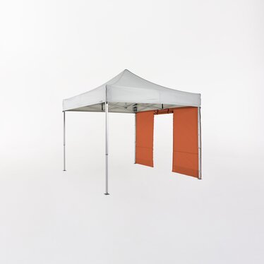 Light grey folding gazebo 3x3 m with orange side wall with door.